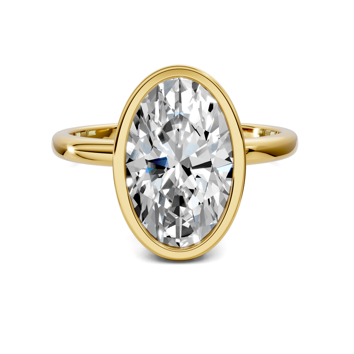 Bezel-set emerald-cut lab diamond engagement ring, yellow gold oval bezel setting