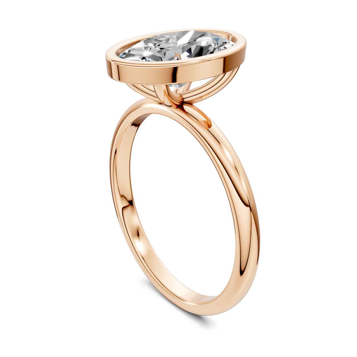 Bezel-set emerald-cut lab diamond engagement ring, rose gold side view of band