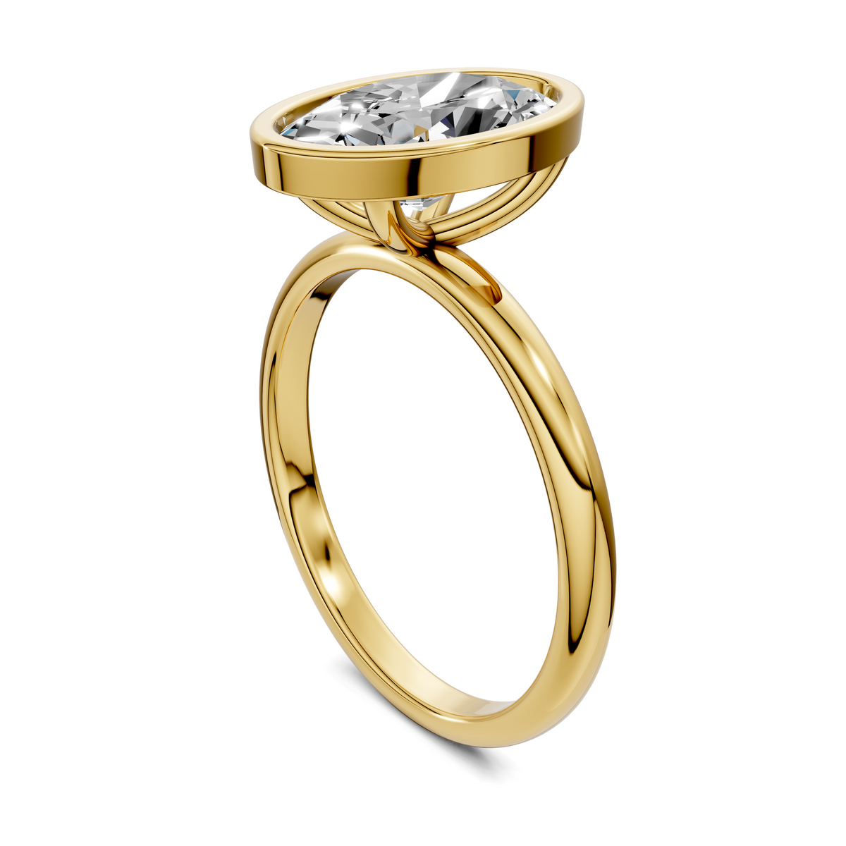 Bezel-set emerald-cut lab diamond engagement ring, yellow gold side view of band
