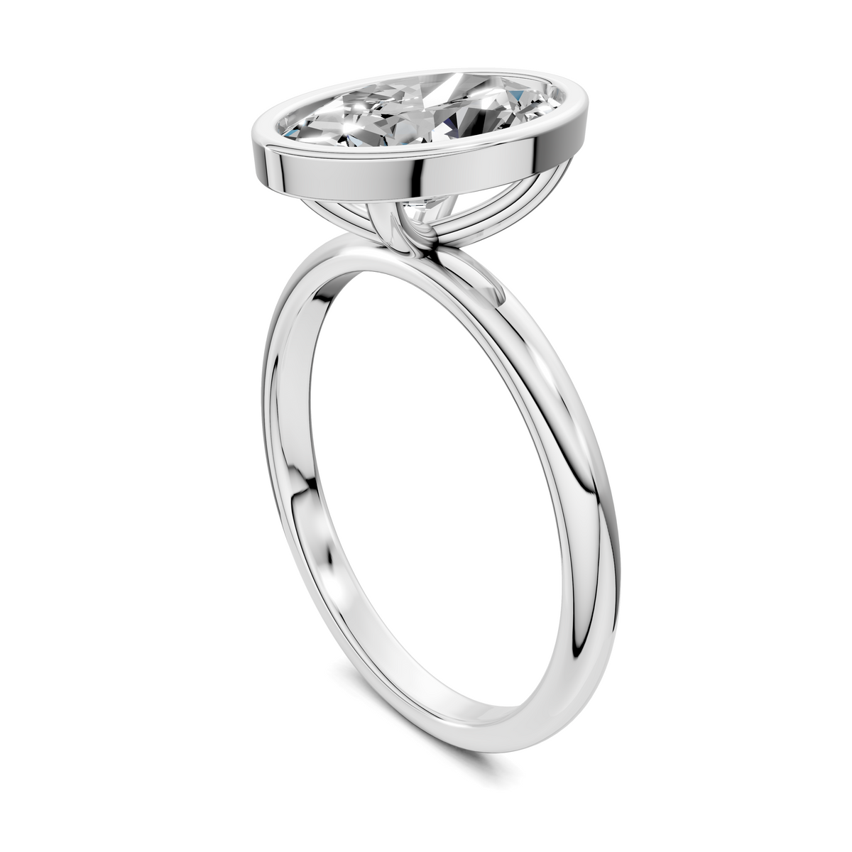 Bezel-set emerald-cut lab diamond engagement ring, white gold side view of band