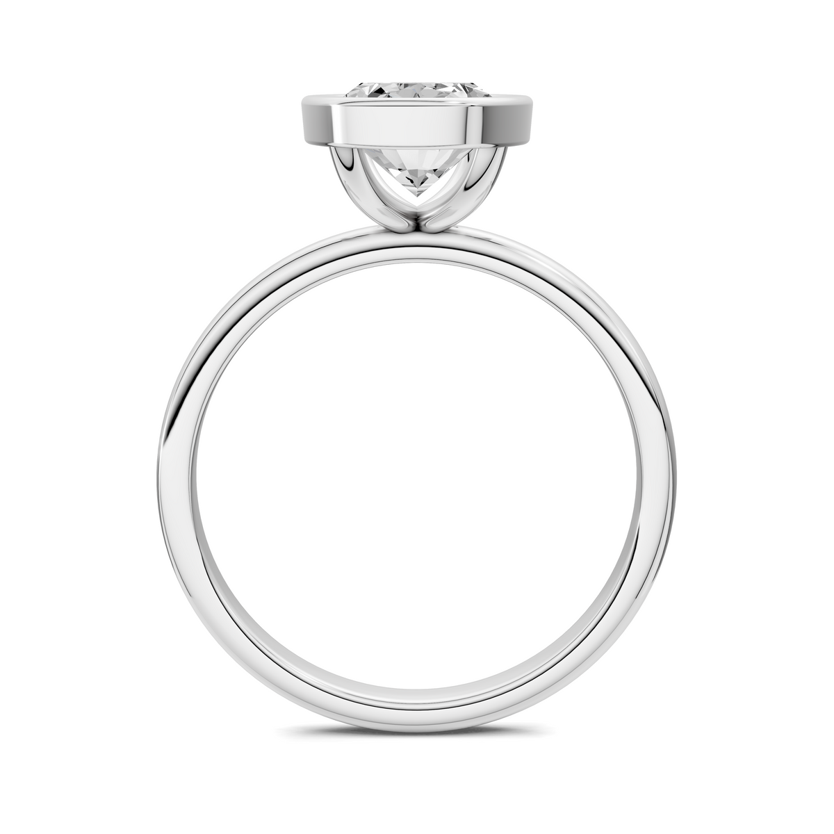 Emerald-cut bezel set engagement ring on silver-toned band, top view