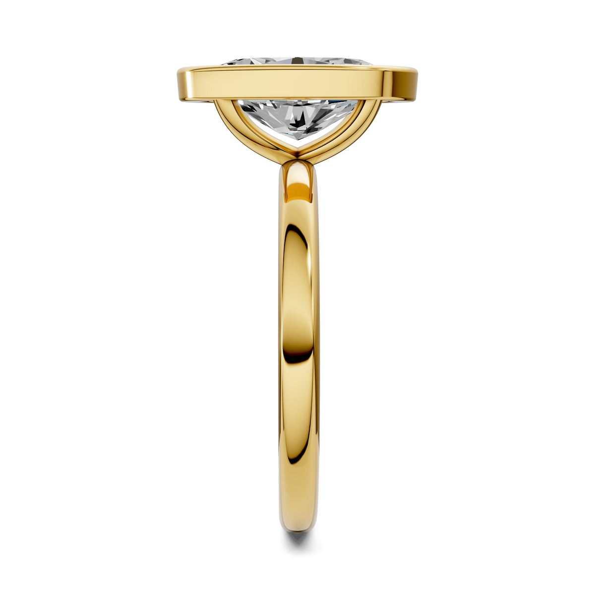 Bezel-set emerald-cut lab diamond engagement ring, yellow gold side profile