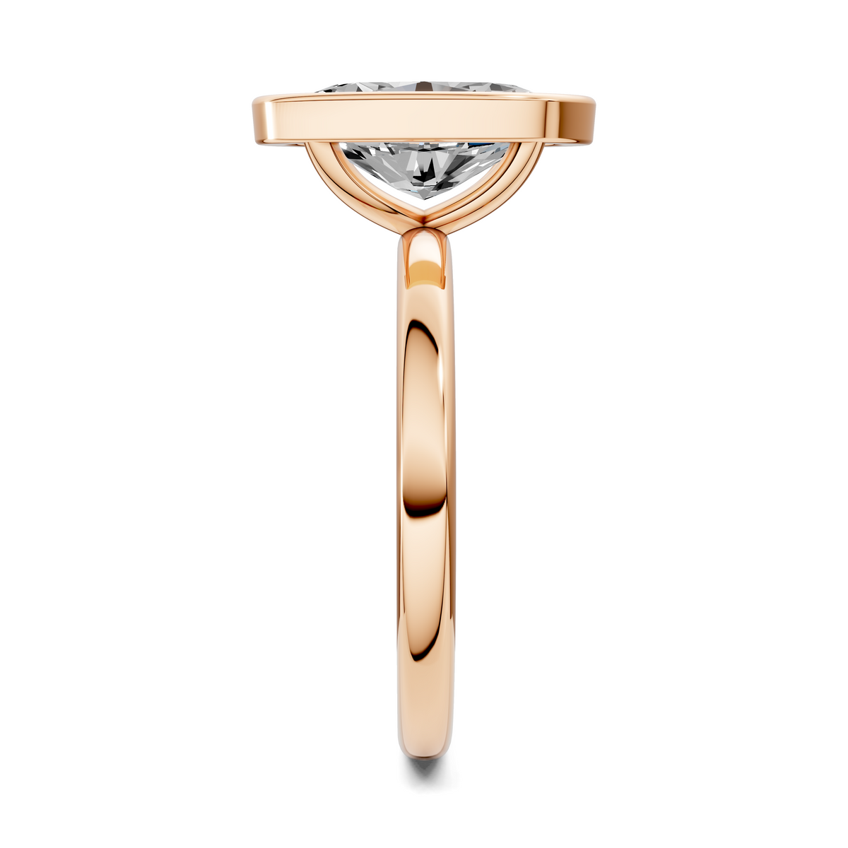 Bezel-set emerald-cut lab diamond engagement ring, rose gold side profile