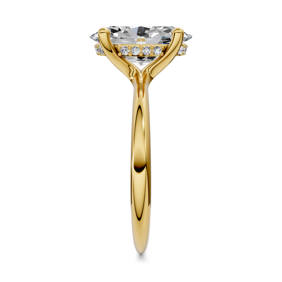 Yellow gold hidden halo engagement ring with round center stone, side view