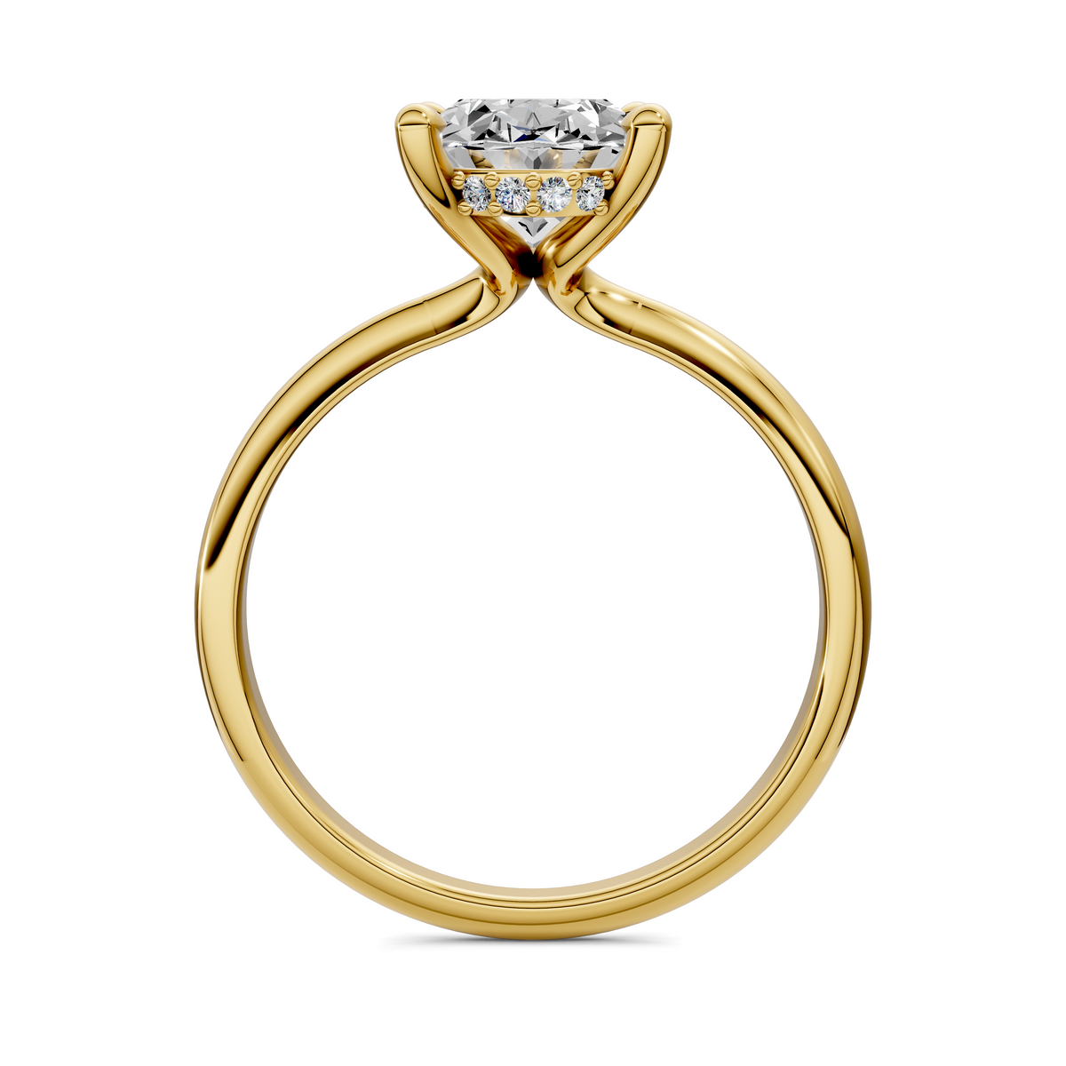 Yellow gold oval diamond ring view from the side with three-stone halo detail