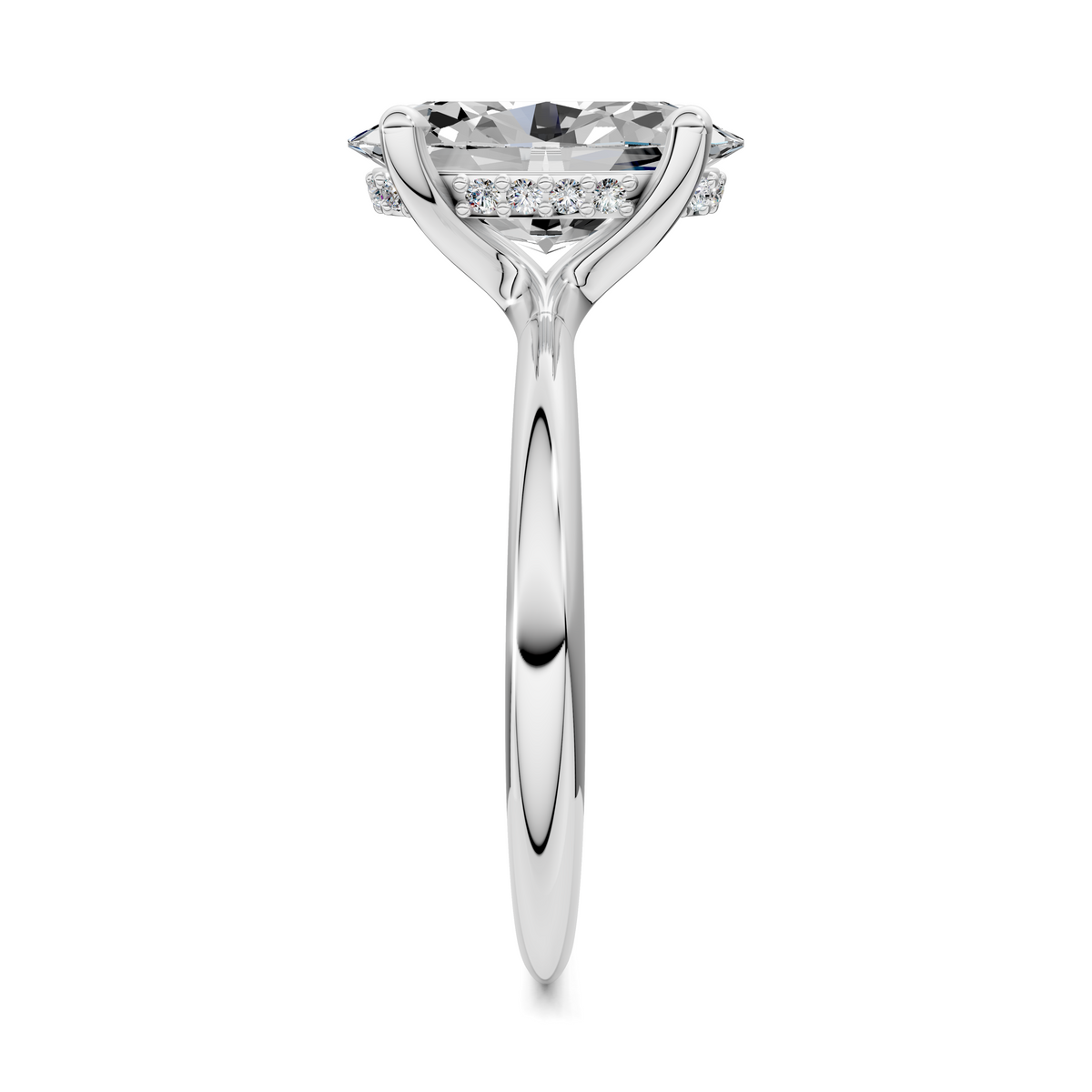 Lightweight Hidden Halo ring with center stone, hidden halo, polished metal band