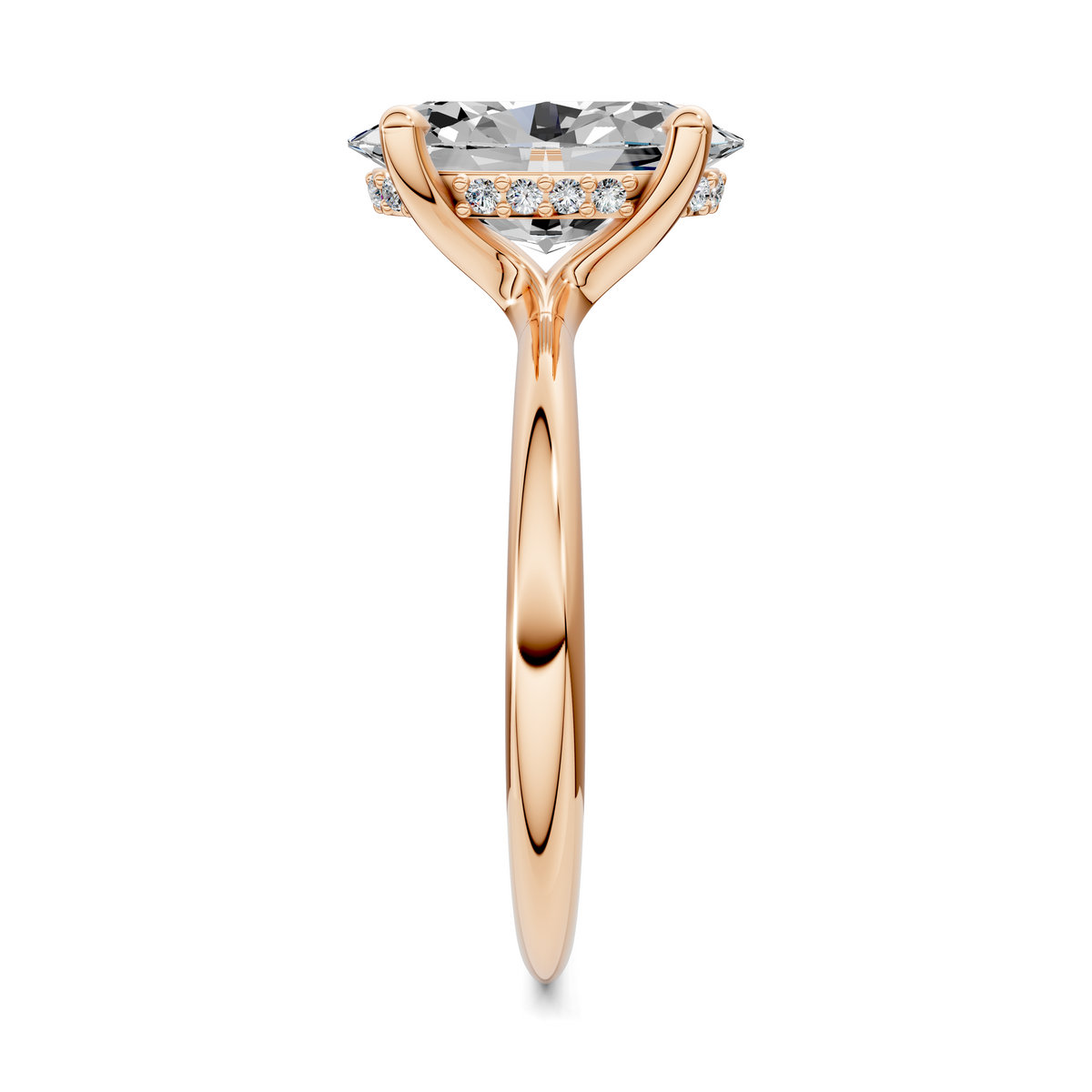 Rose gold hidden halo ring with oval center stone and pavé side stones