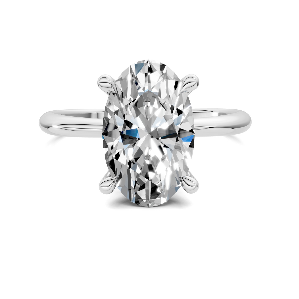 White gold oval halo diamond ring with large center stone and split prongs