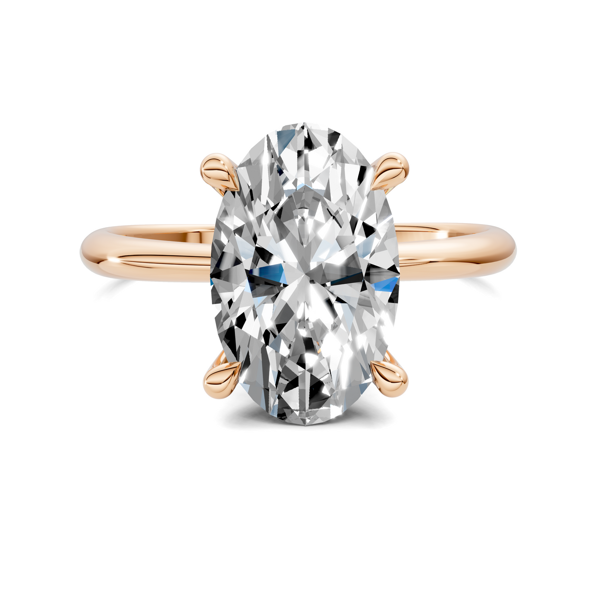 Rose gold oval halo diamond ring with large center stone and sculpted prongs
