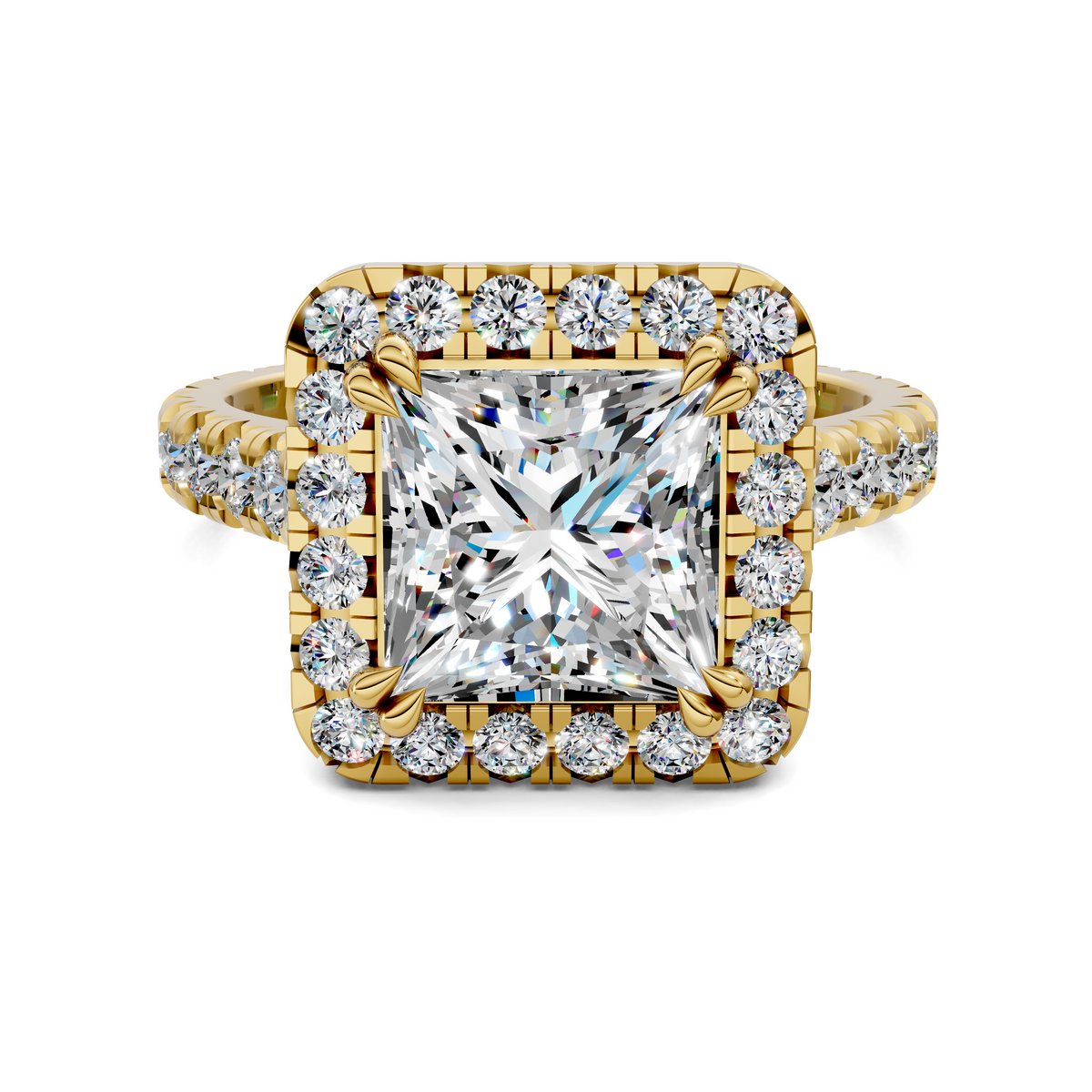 Yellow gold square halo diamond ring with center radiant stone and round side stones