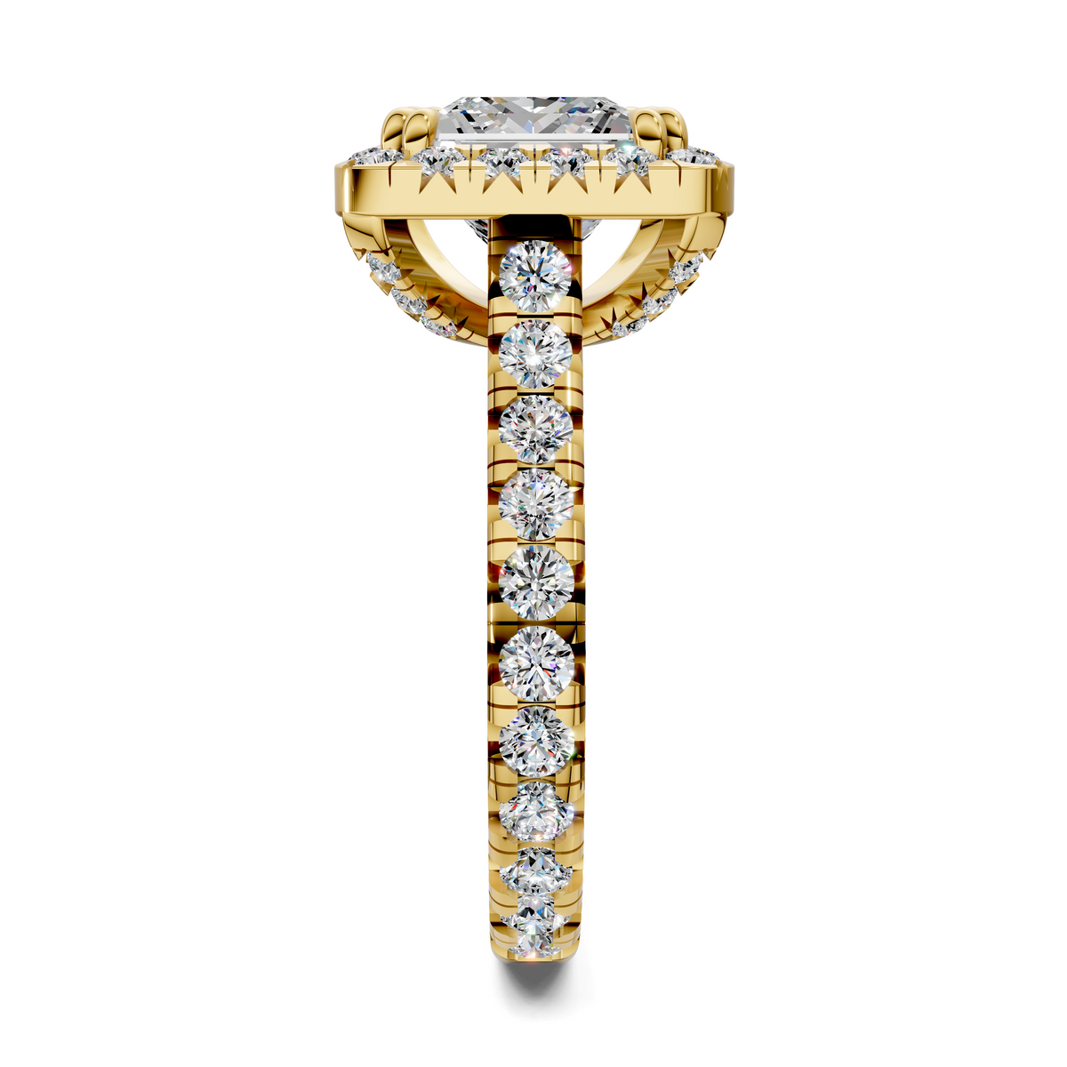 Yellow gold halo cathedral ring with round center stone and diamond pavé band