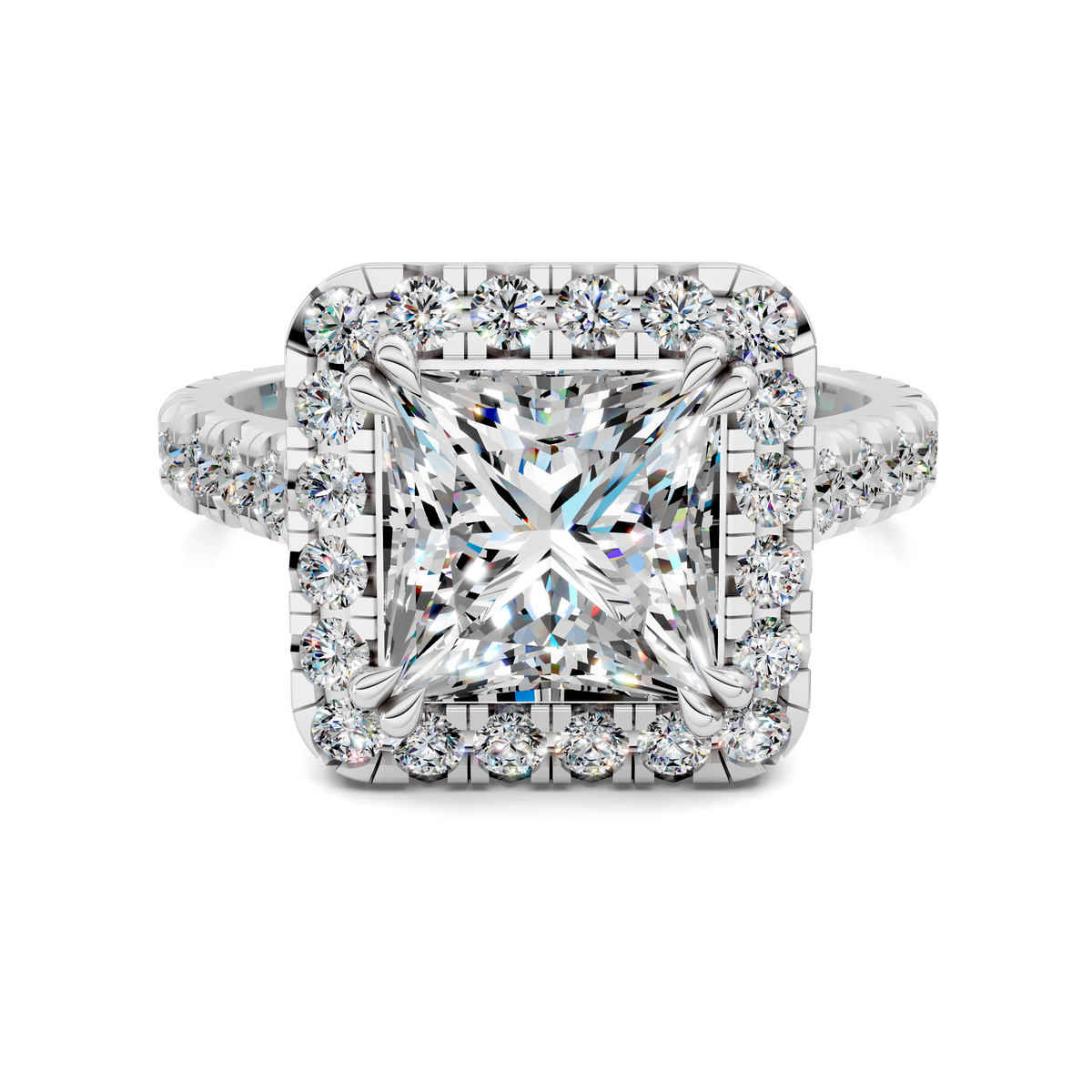 White gold square halo diamond ring with center radiant stone and round side stones