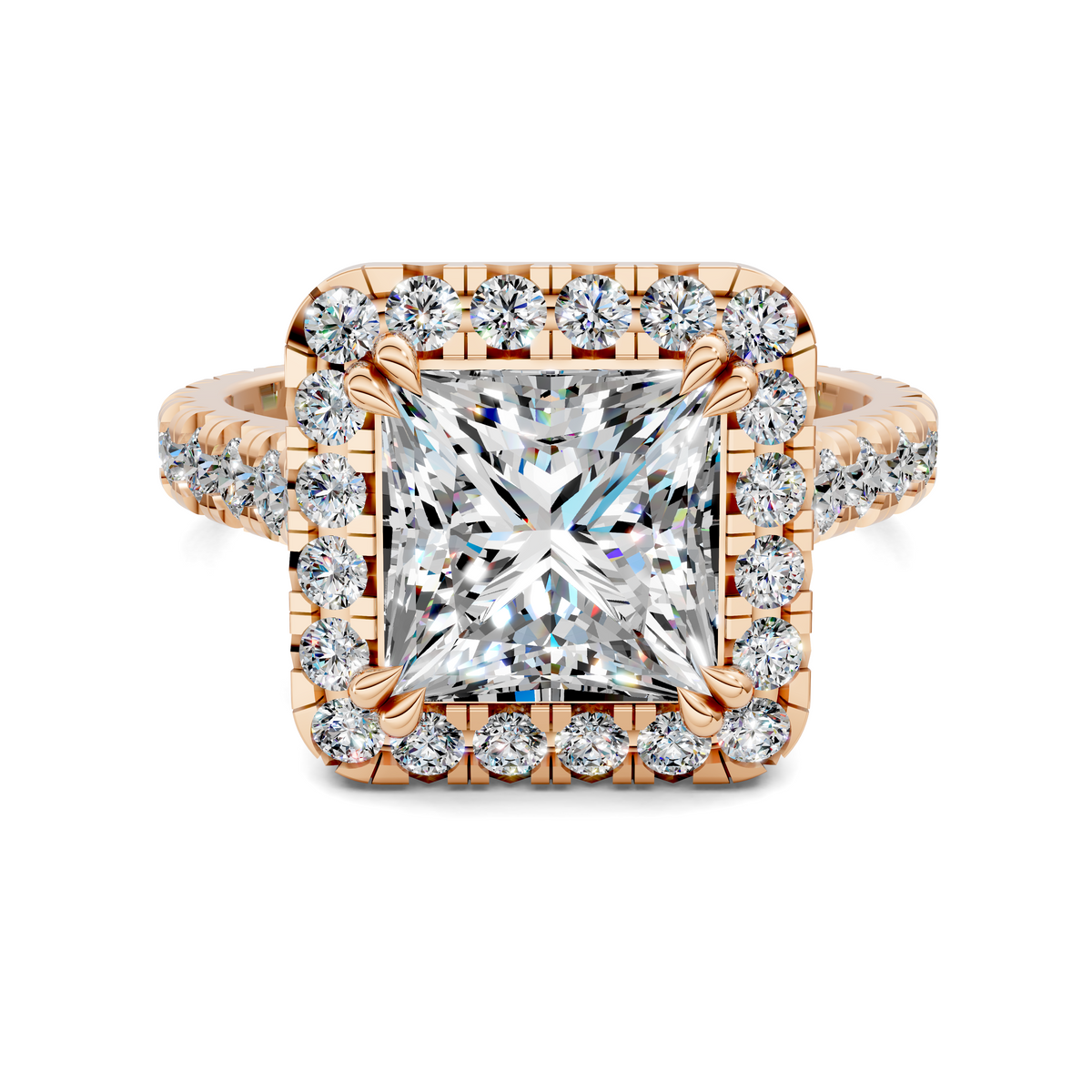 Yellow gold square halo diamond ring with large center radiant stone and round halo stones