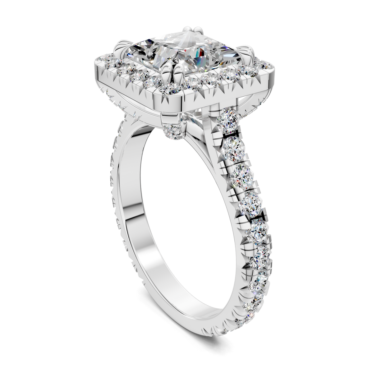 White gold halo cathedral ring with round center stone and pavé diamond band