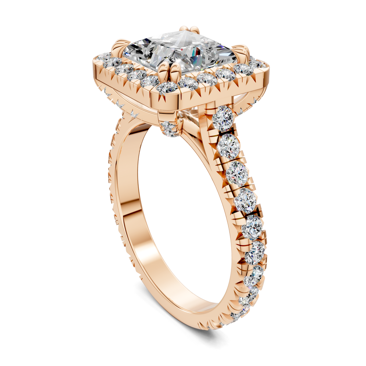 Halo cathedral ring in rose gold with round side stones and cushion-cut center