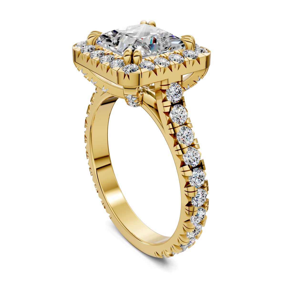 Yellow gold halo diamond ring shown at angle with prong-set center stone and side diamonds