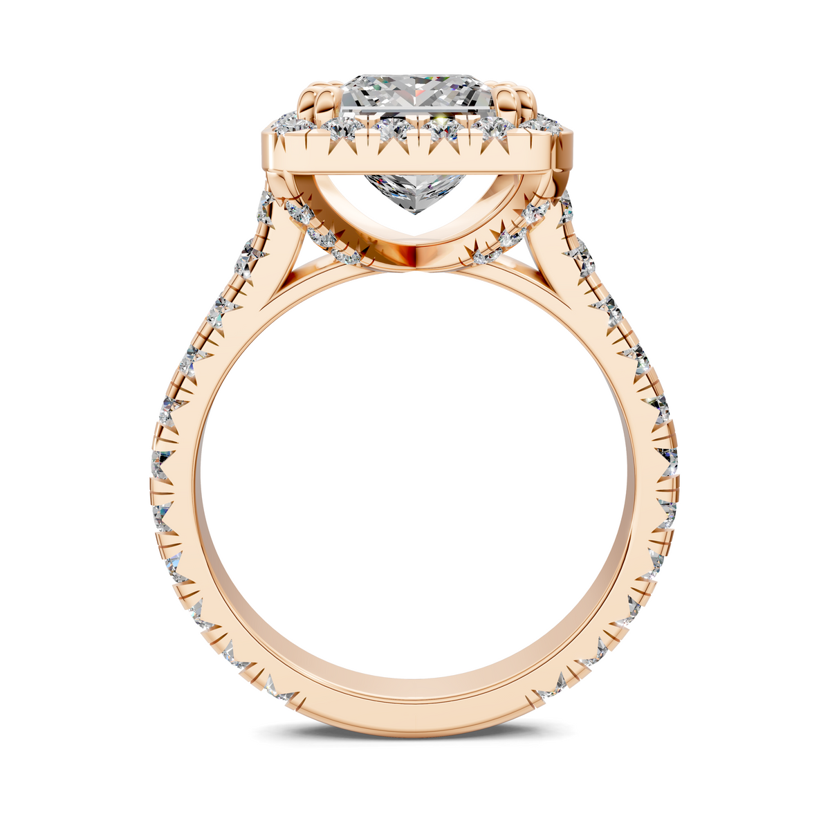 Yellow gold diamond halo ring view of the band and prong-set center stone