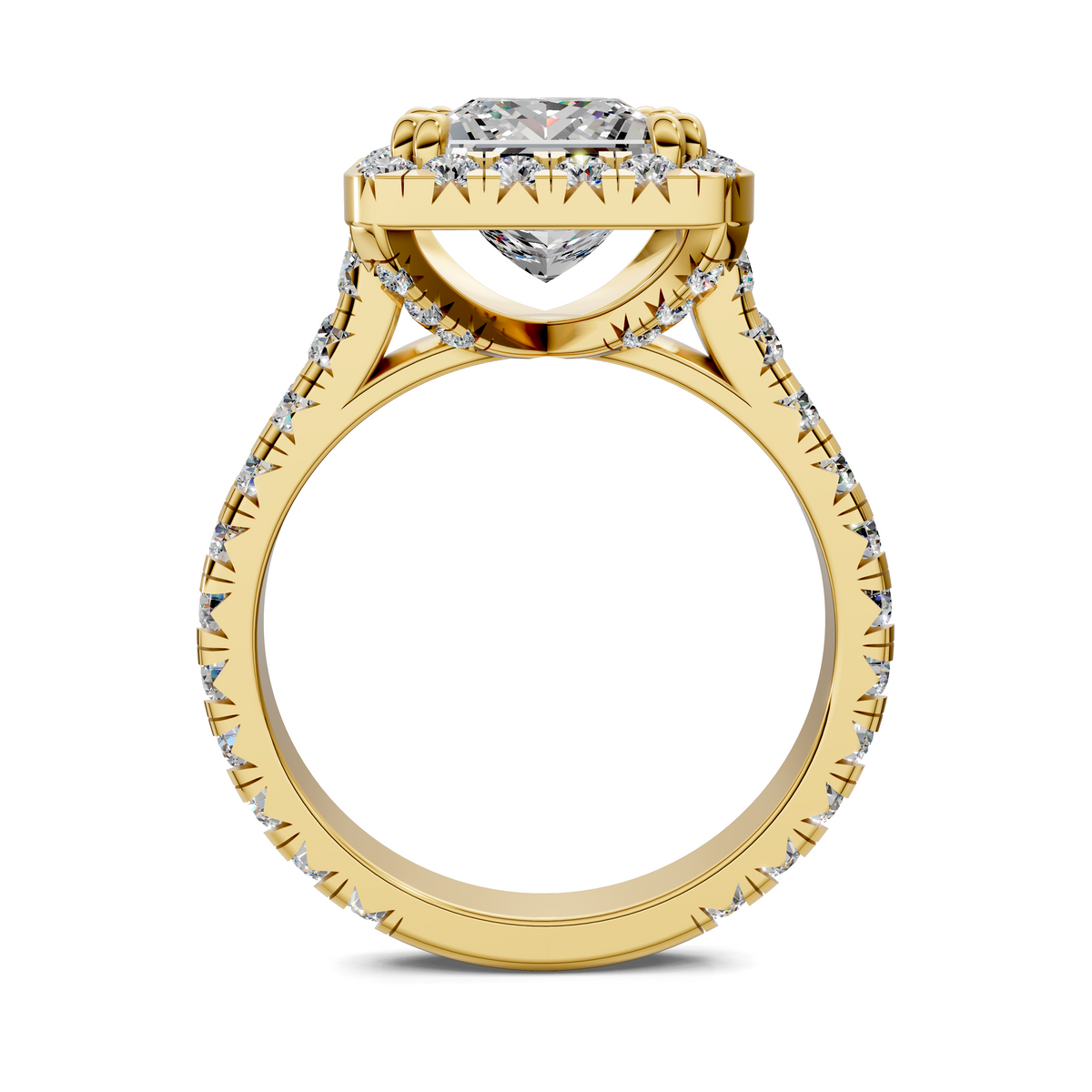 Yellow gold diamond halo ring with view of the band and prong-set center stone