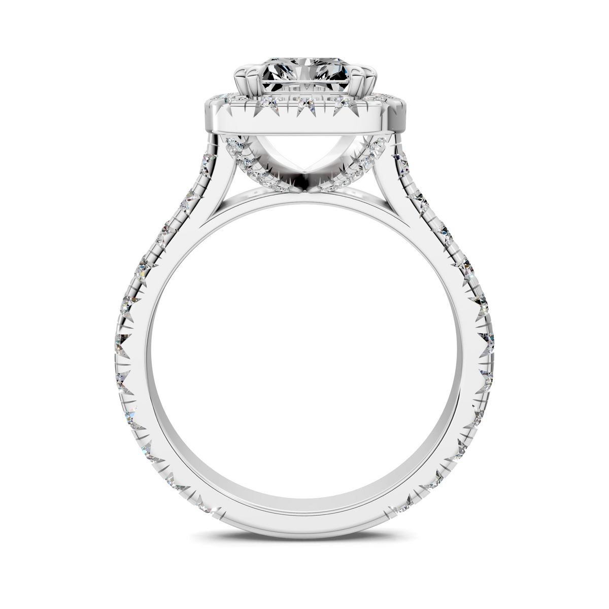 Halo cathedral ring top view with round halo diamonds, white gold