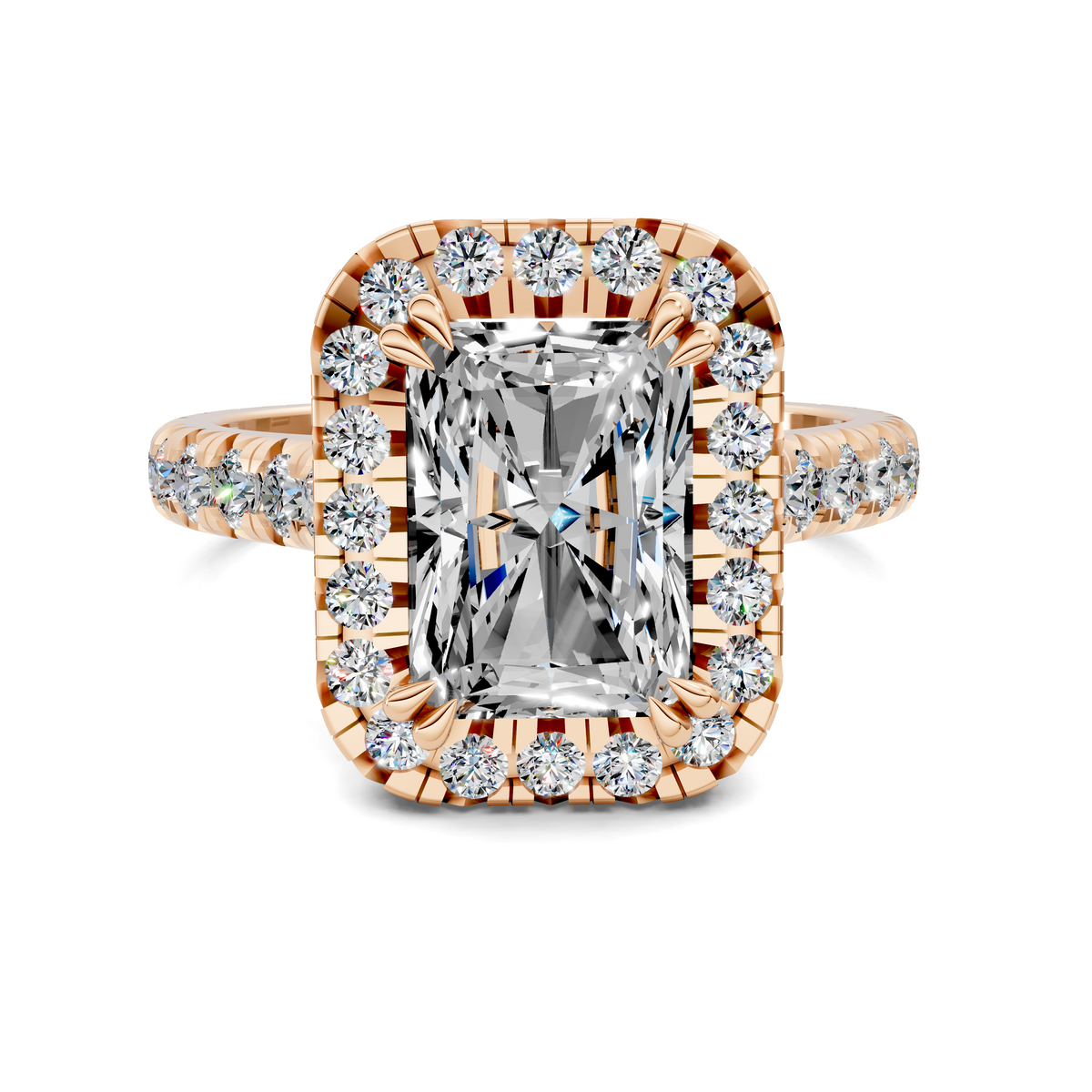 Halo cathedral ring with square center diamond and round diamond halo, rose gold