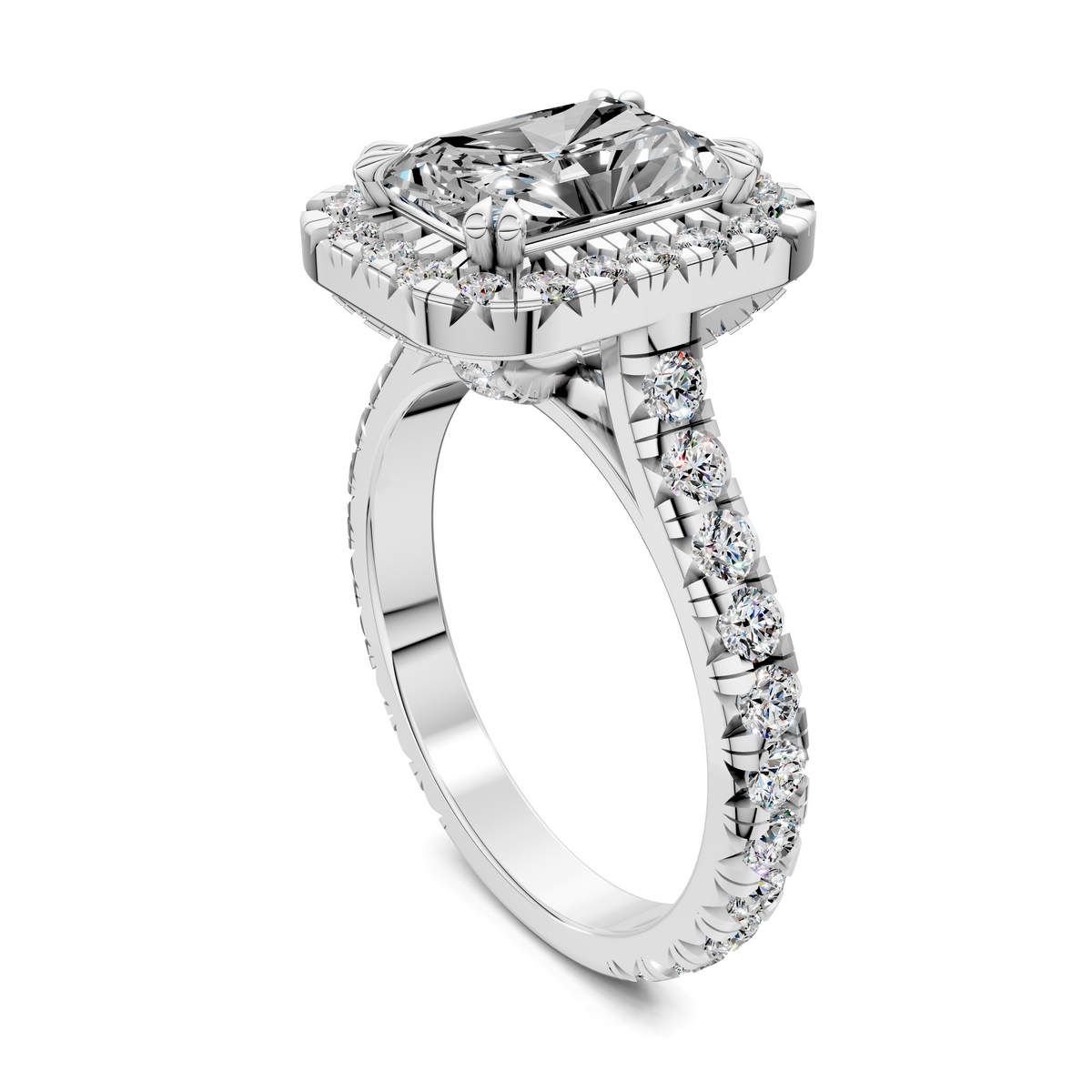 Opes Halo Cathedral ring in white metal with a square center stone and pavé band