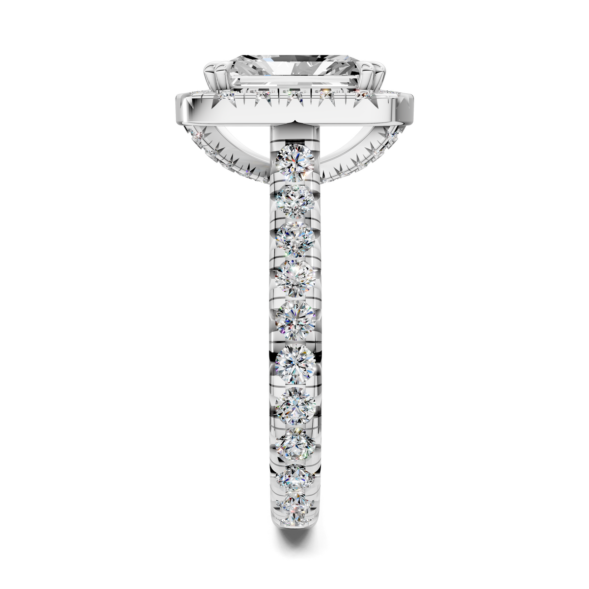 Halo cathedral ring in white metal with pavé band and round center stone