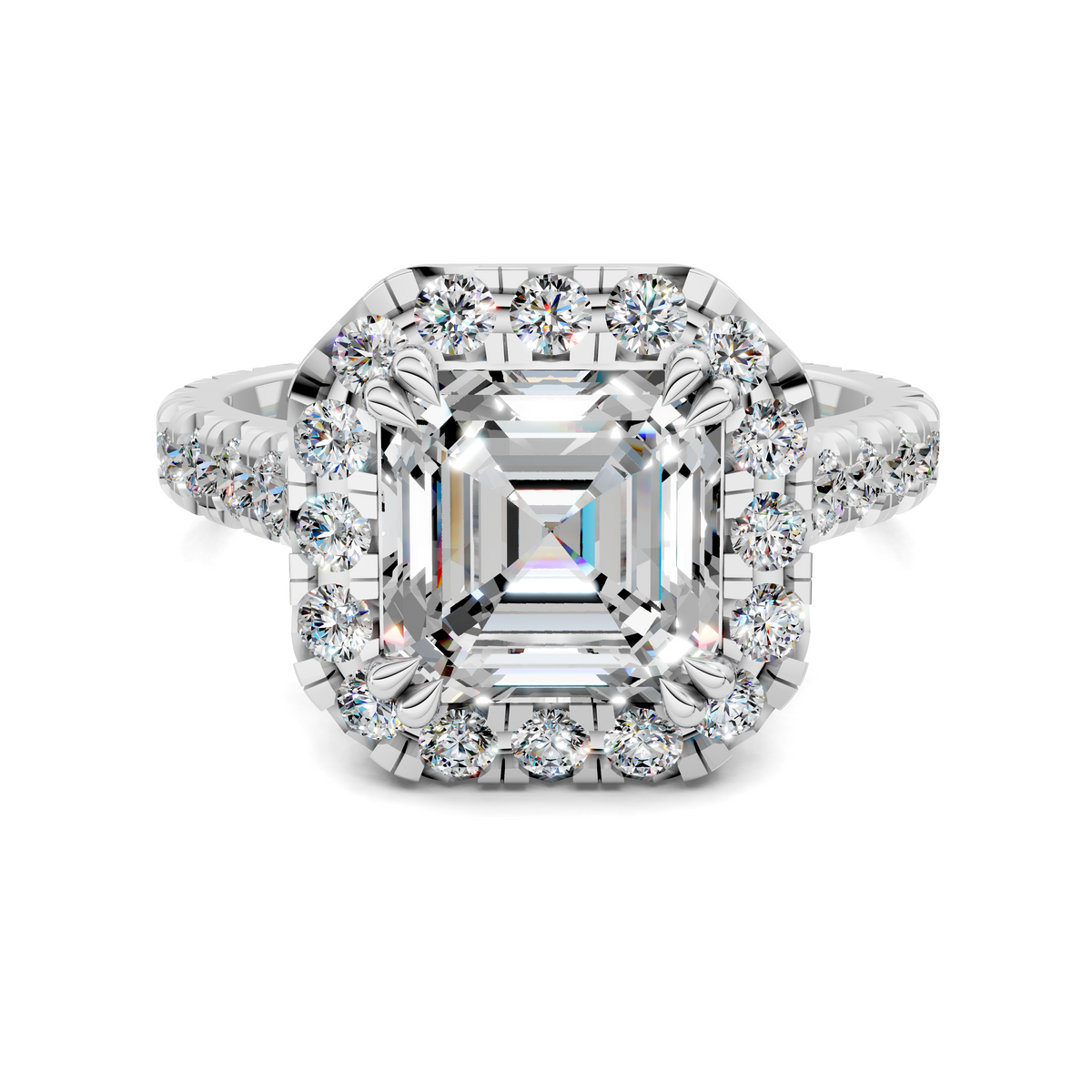 14K white gold halo cathedral ring with emerald-cut center stone and round diamond halo