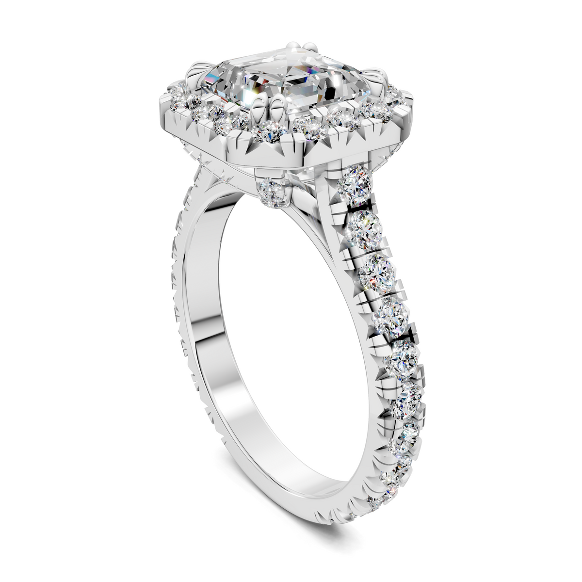 Cathedral halo ring with oval center stone and pavé diamond band