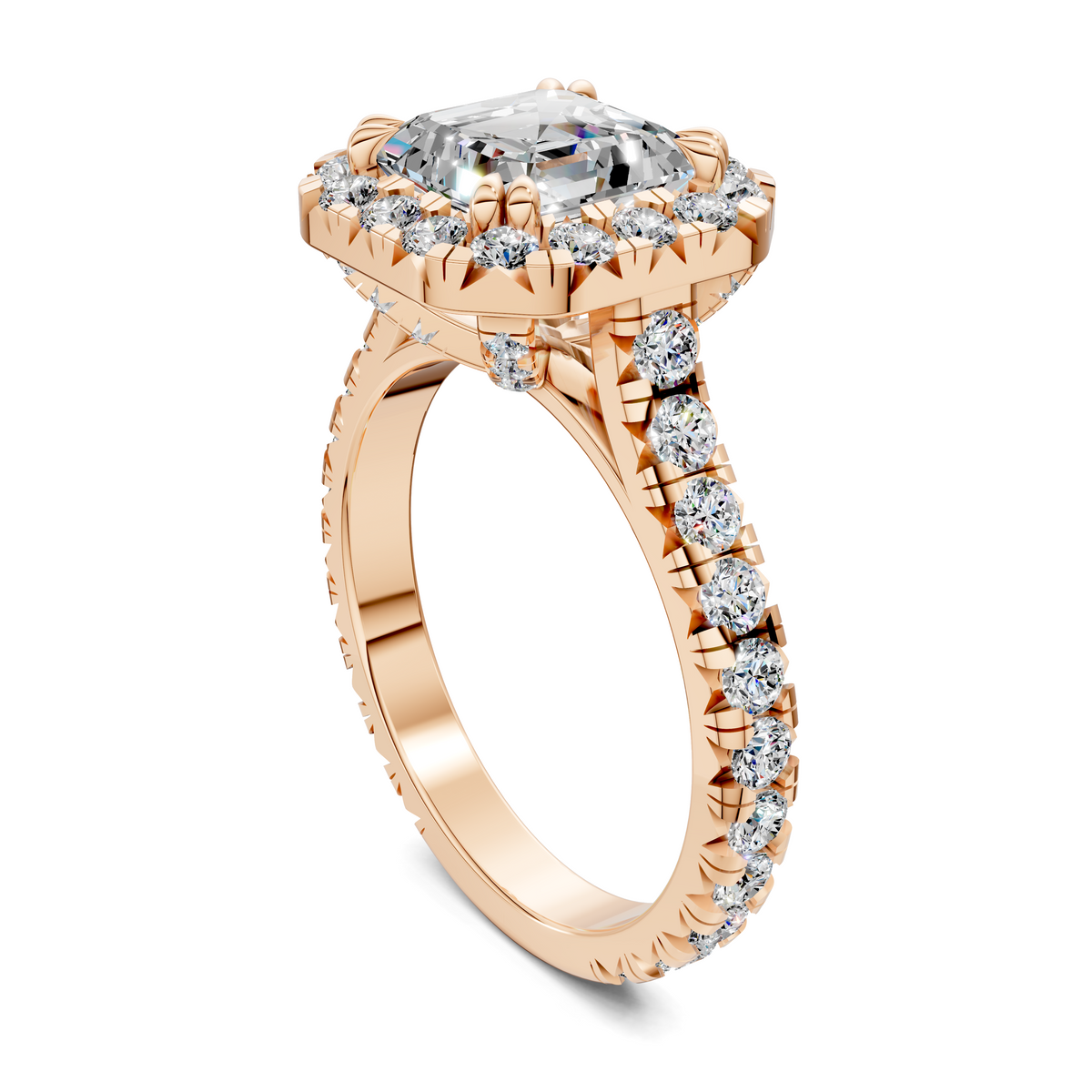 Halo ring in rose gold with round center stone and pavé diamond band