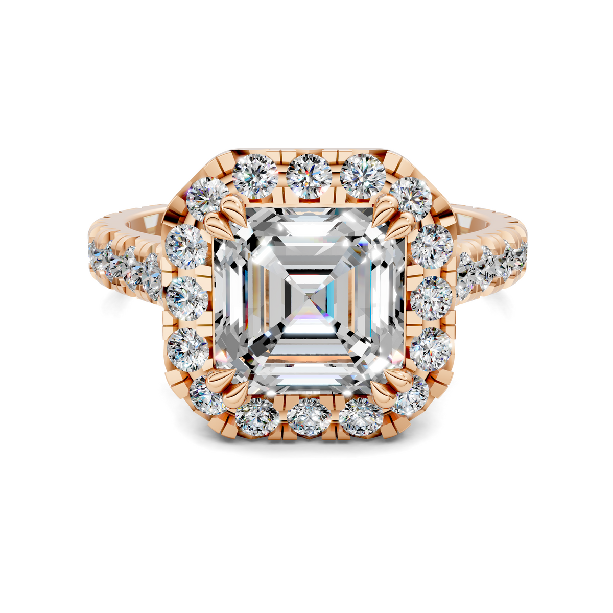 14K rose gold halo cathedral ring with emerald-cut center and round diamond halo