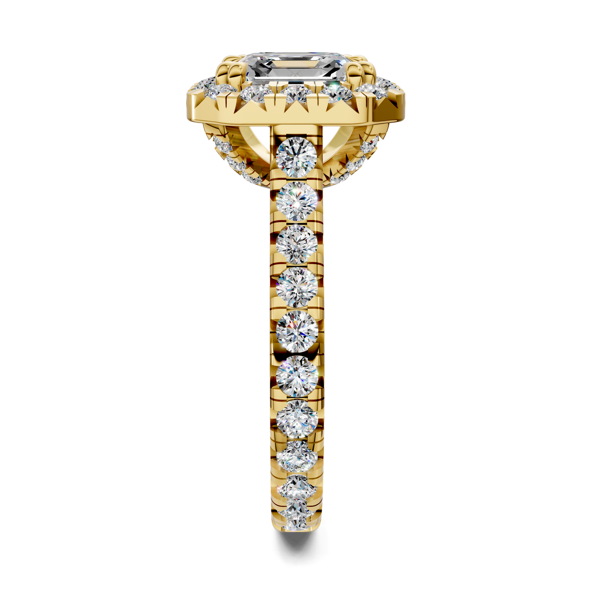 14K yellow gold halo cathedral ring with emerald-cut center and vertical row of round diamonds
