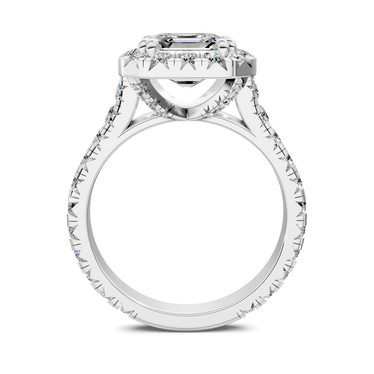 14K white gold halo cathedral ring with emerald-cut center stone and round diamond halo