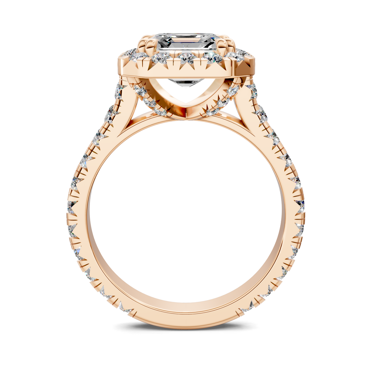 Opes Halo Cathedral ring in rose gold with round center stone and pavé diamond shoulders