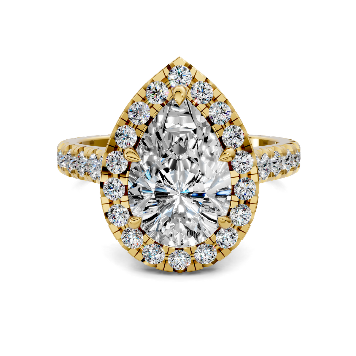 Pear-cut halo cathedral ring with pavé band in yellow gold