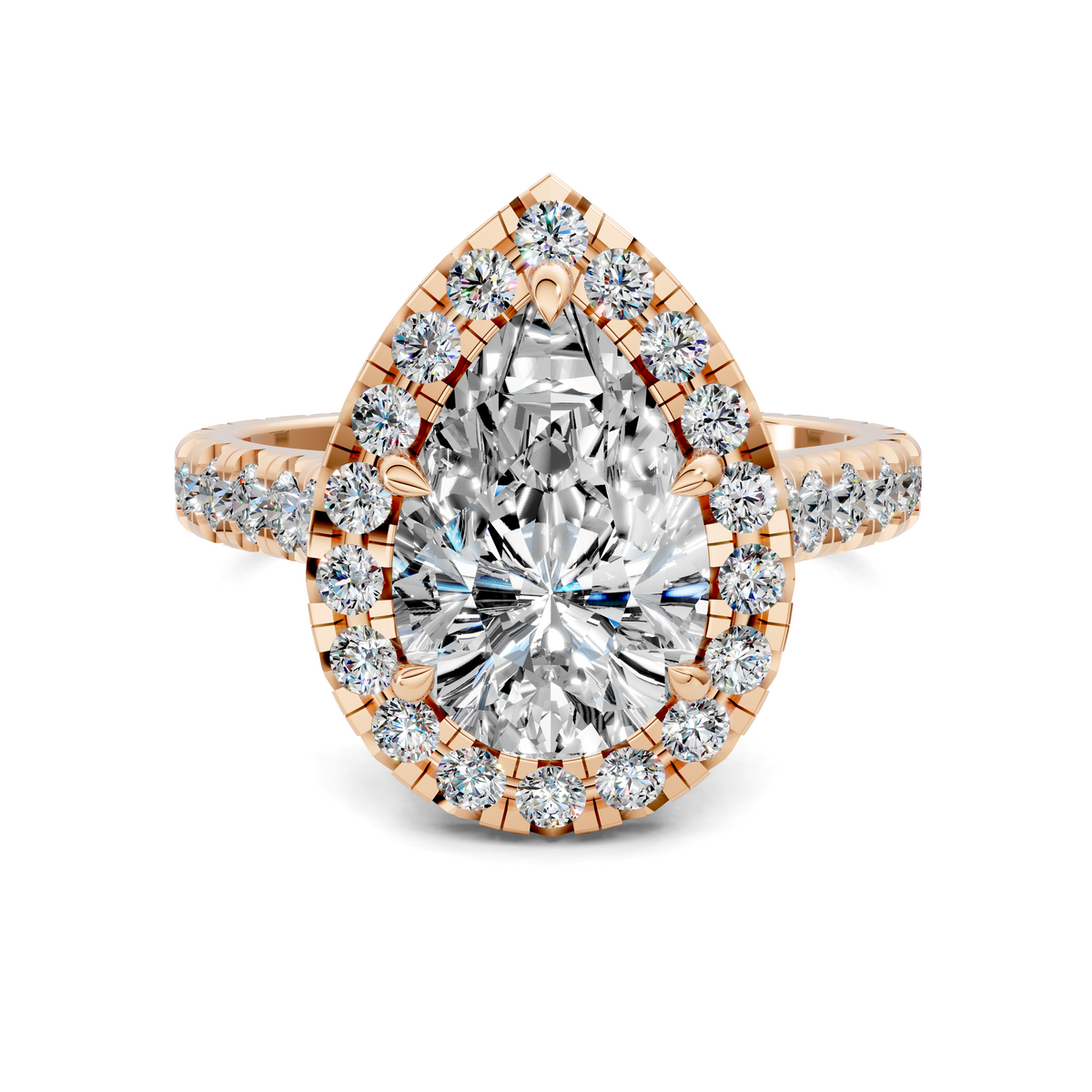 Pear-shaped halo ring with pavé band and cathedral setting
