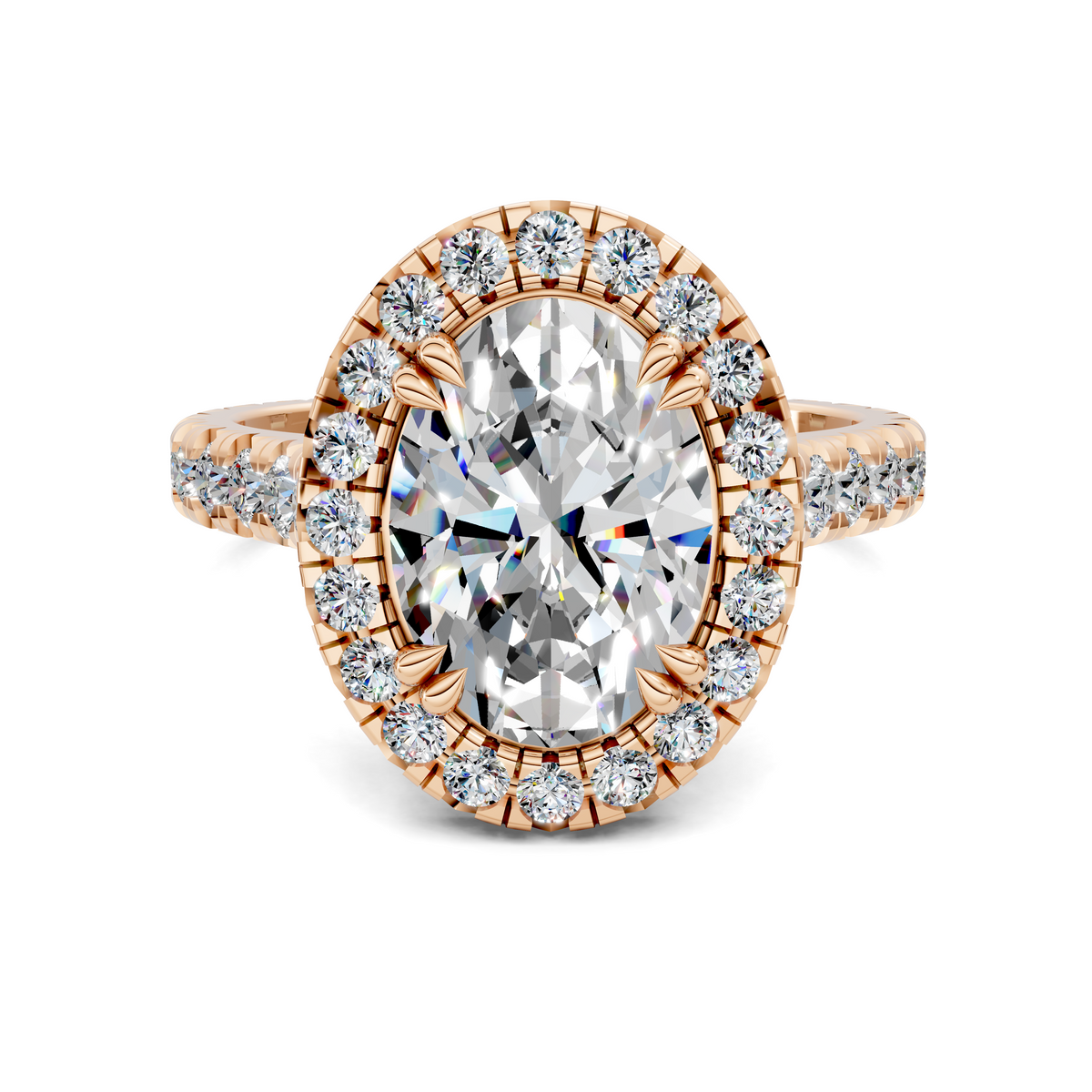 Rose gold halo cathedral ring front view with bright round center stone and pave diamonds