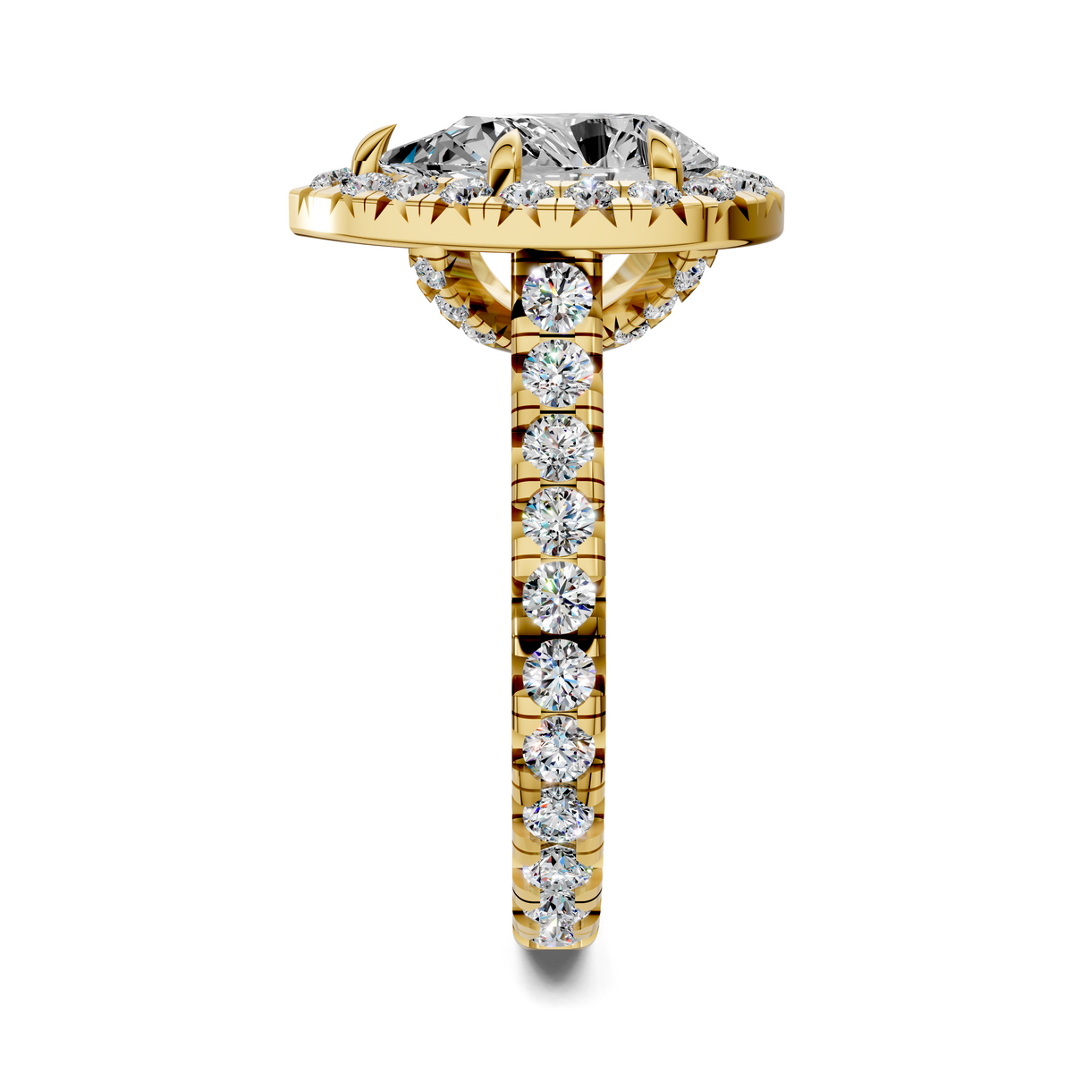 Yellow gold cathedral halo ring with round center stone and pavé diamond band