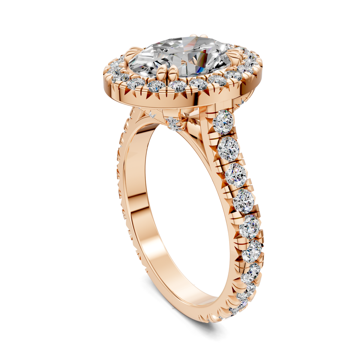 Rose gold halo cathedral ring with round center stone and diamond-accented shank