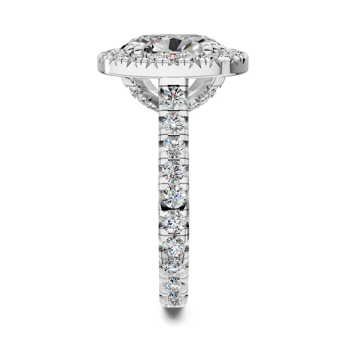 White gold cathedral halo ring with long prong-set row of round diamonds