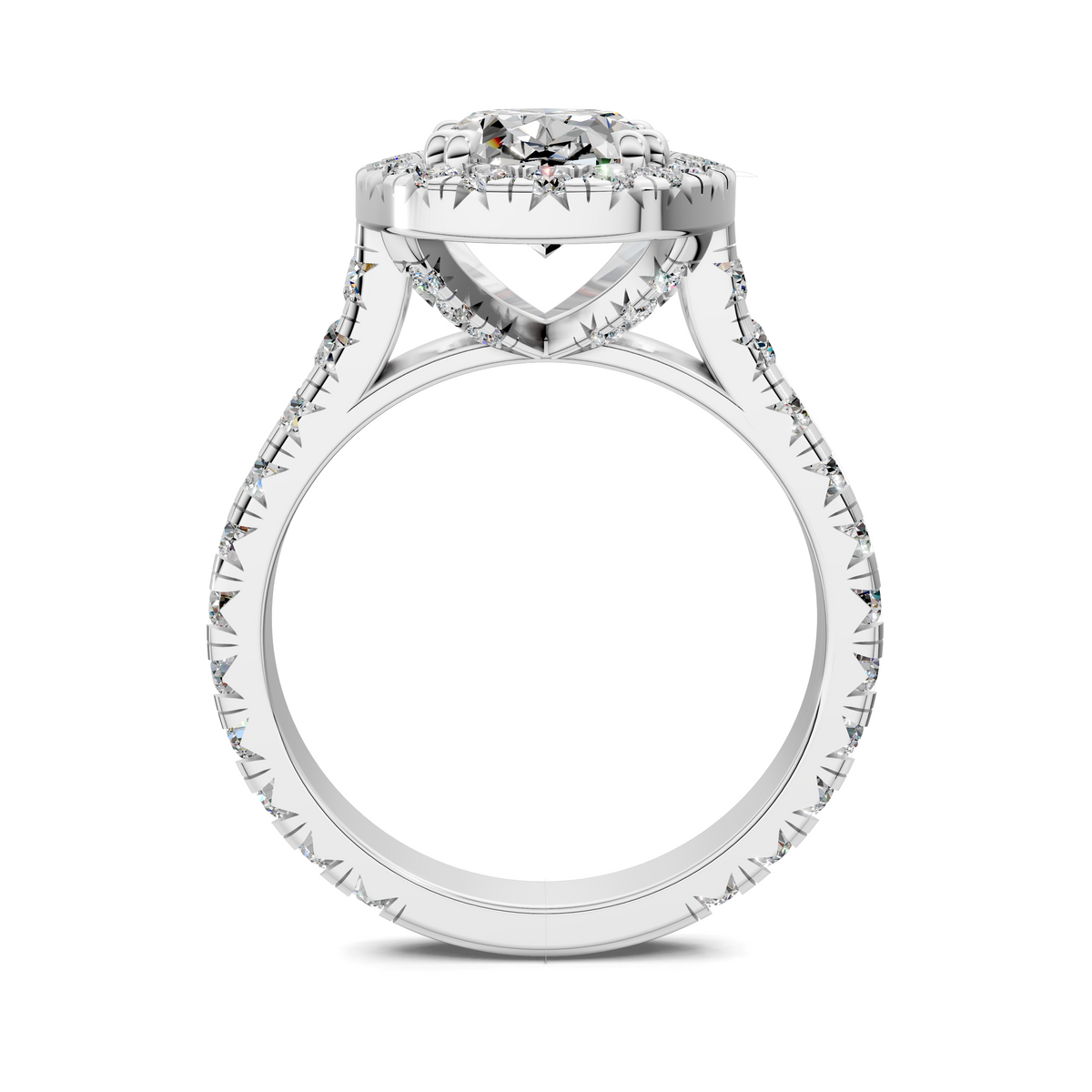 White gold halo cathedral engagement ring with round top view and diamond side accents