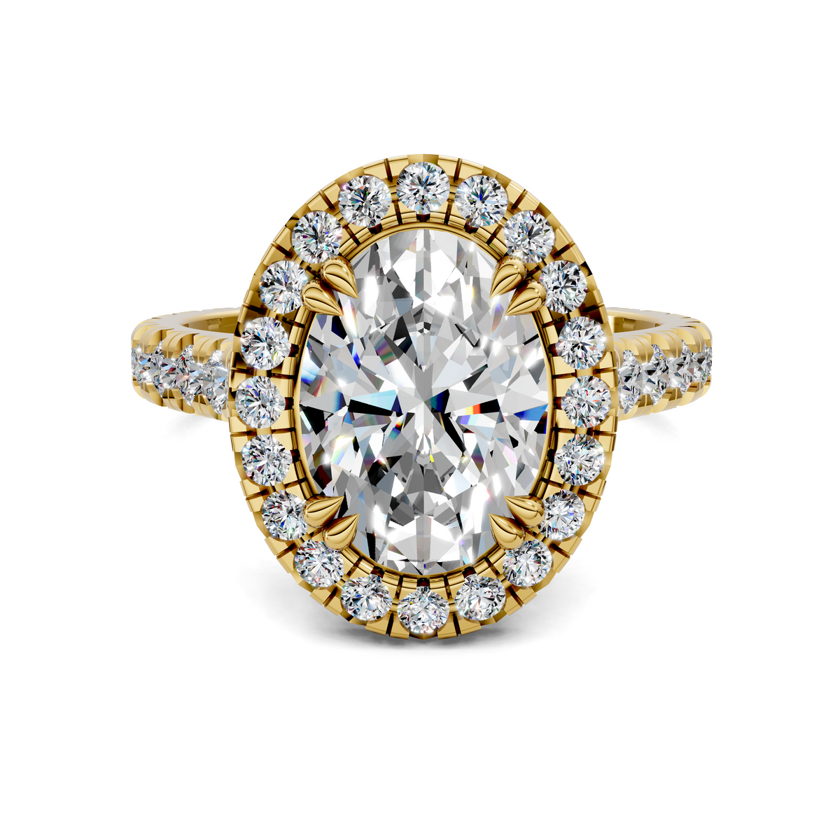 Rose gold halo cathedral ring with large round center stone and diamond halo