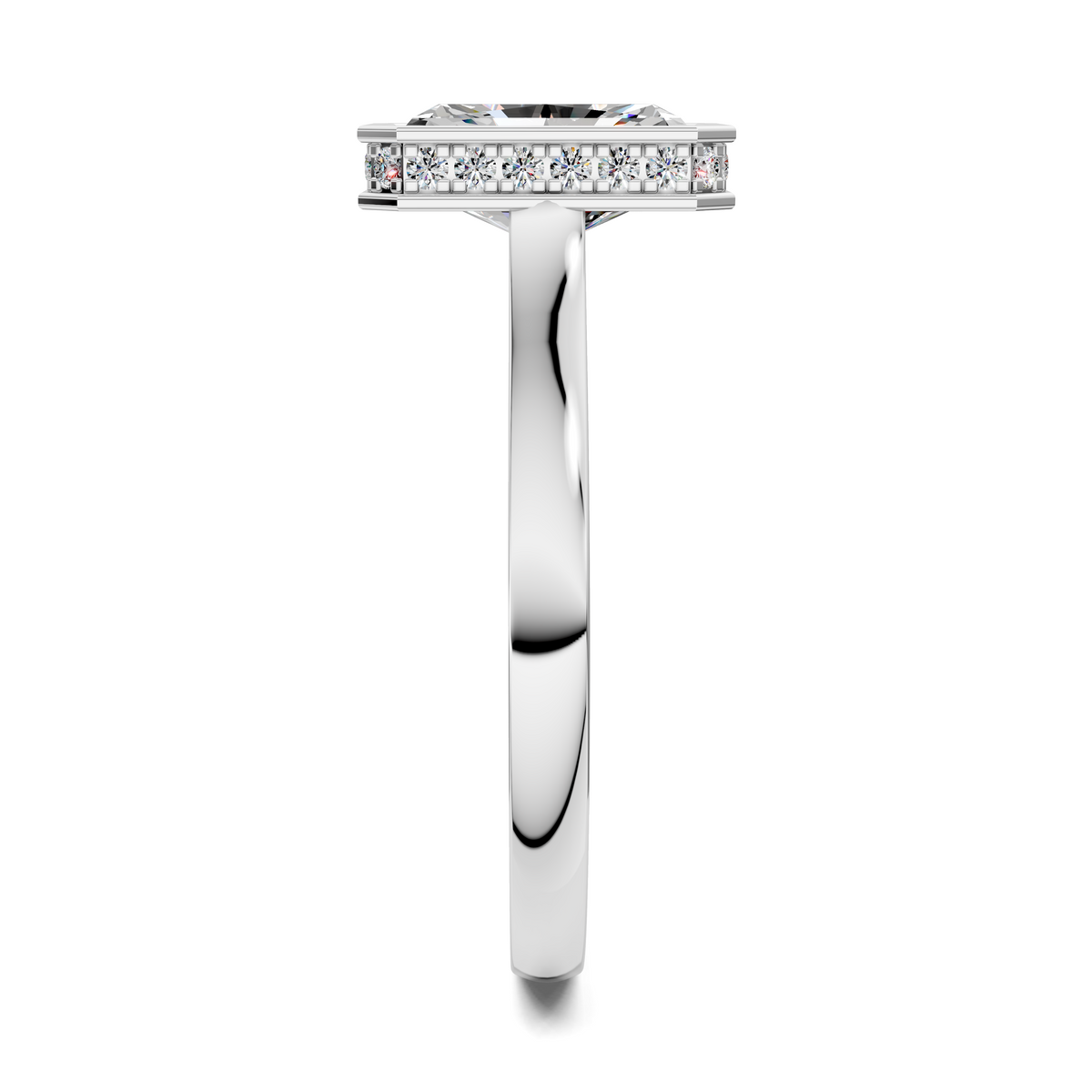Bezel halo ring in white gold with pavé diamonds, side profile