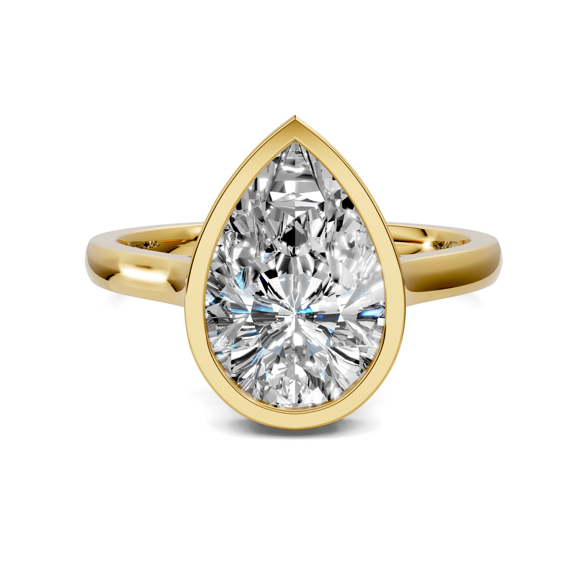 Yellow gold teardrop halo ring with bezel-set center diamond and slim diamond accents