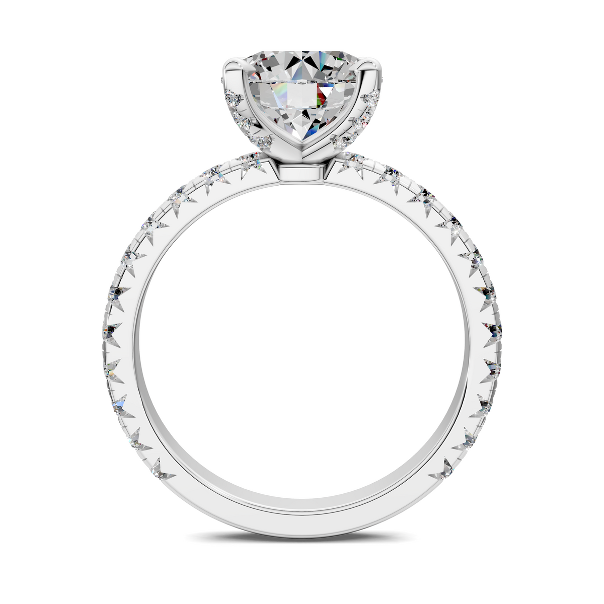 White gold diamond ring with round center stone and diamond pave halo-style band