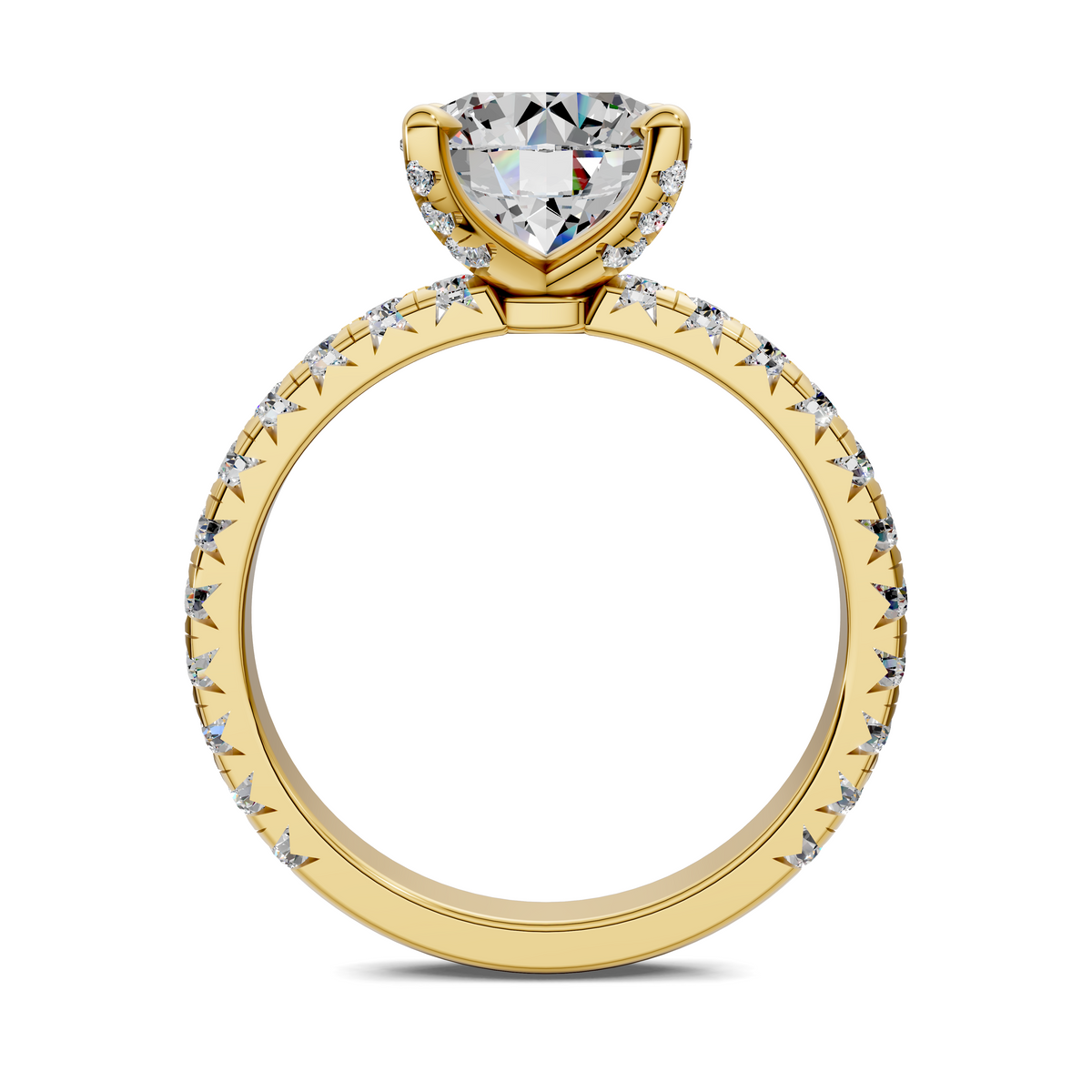 Yellow gold diamond ring with round center stone and diamond pave side band