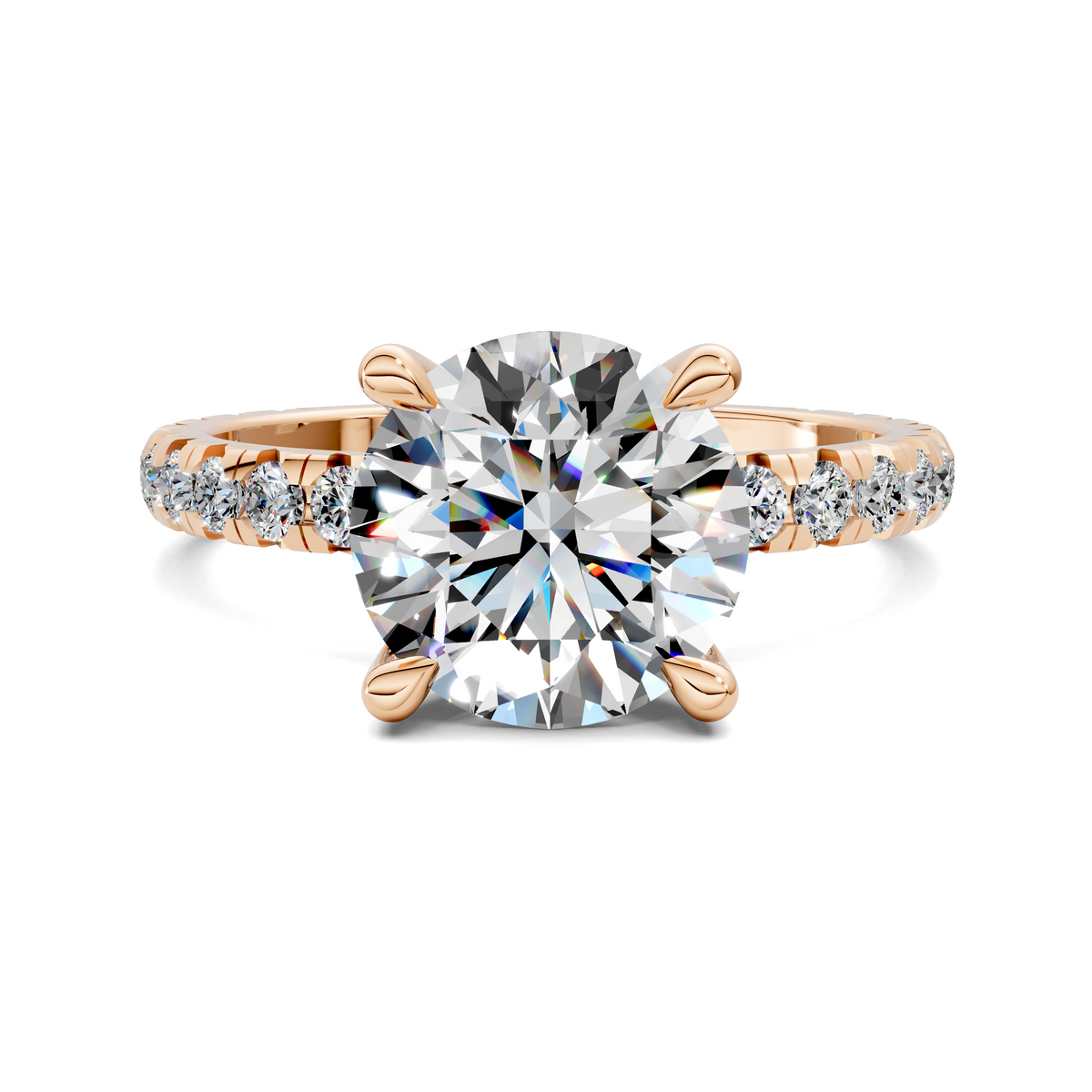 Rose or yellow gold claw-set diamond ring with round center stone and split pave band