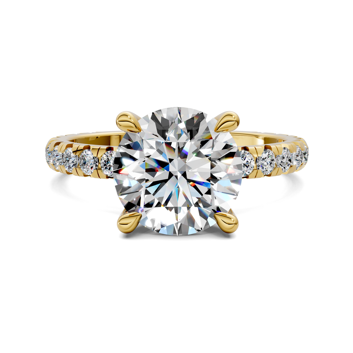 Yellow gold claw-set diamond engagement ring with round center stone and halo accents