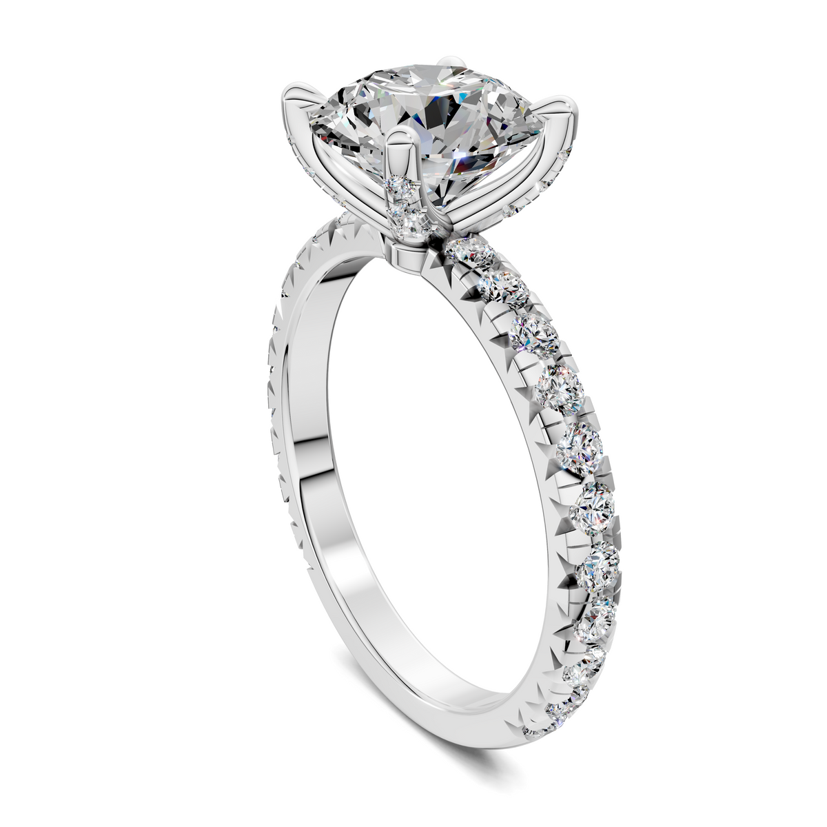 White gold oval halo diamond ring with round center stone and round diamond side stones