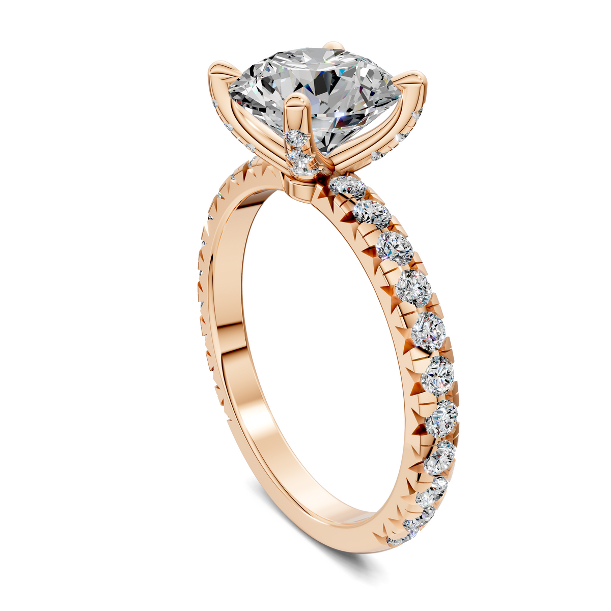 Rose or yellow gold oval halo diamond ring with round center stone and diamond pave shank