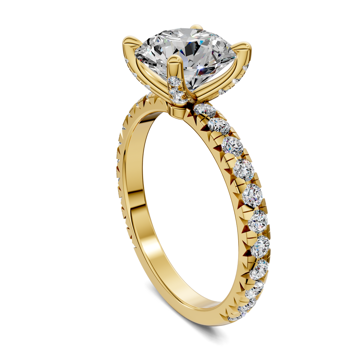 Yellow gold oval halo diamond ring with round center stone and diamond pave band